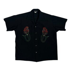 Vintage Johnny Suede Button Up Short Sleeve Shirt Mermaid Embroidery USA Made L